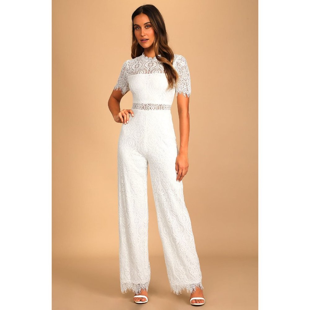 Lulu's Remarkable White Lace Short Sleeve Jumpsuit